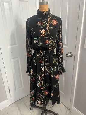 Nanette Lepore Black Floral Long Sleeve Midi Dress with Red & Green Accents